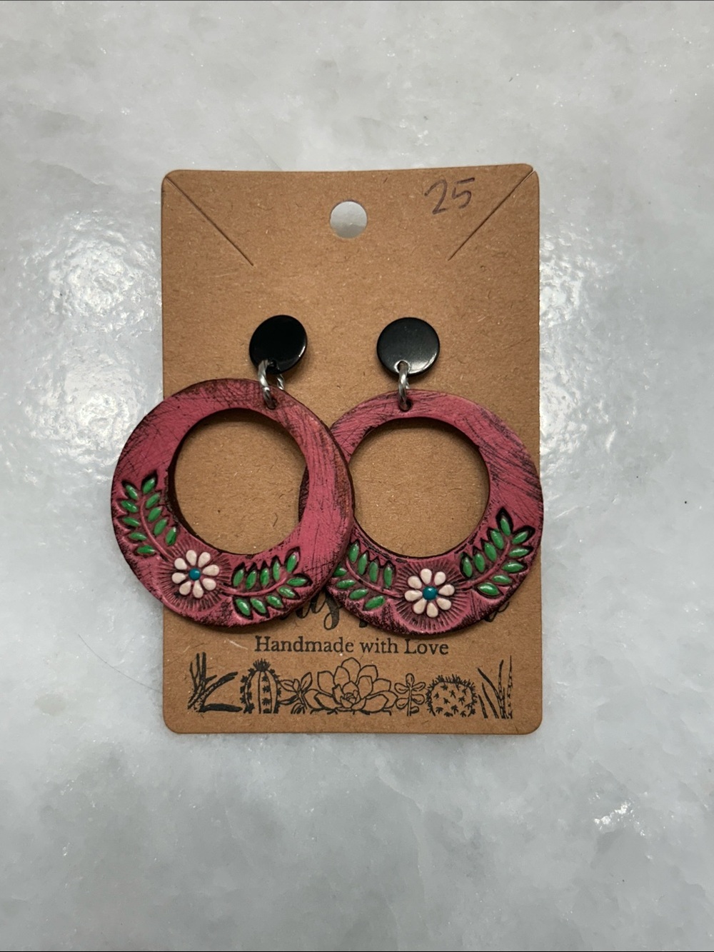 Handmade Pink Floral Wood, leather & clay Hoop Earrings